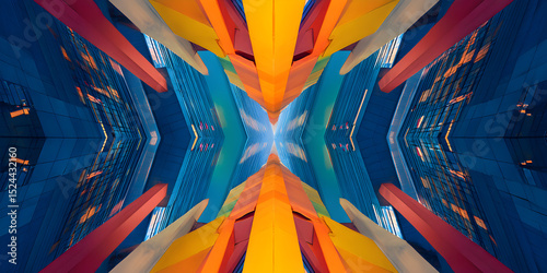 A colorful image of buildings with a blue and yellow stripe