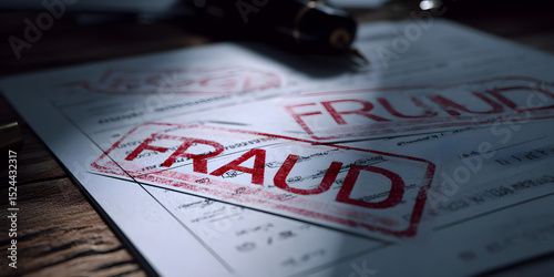 A red stamp with the word fraud on it is on top of a piece of paper