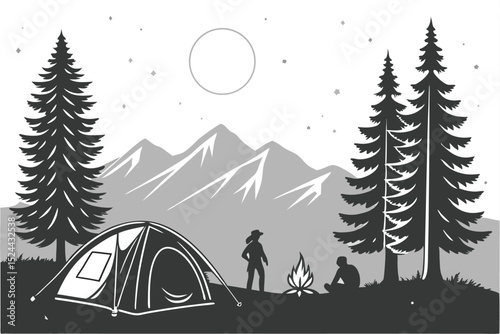 8 camping trip, outdoor scene, night sky, full moon, pine trees, mountains, tent, campfire, silhouettes of people, starry sky, black and white illustration