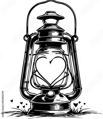 Vintage lantern illuminating heart design cozy home digital art warm atmosphere close-up romantic