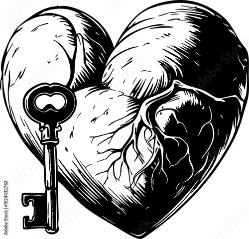 Symbolic heart with key artistic graphic emotional expression close-up view love and unlocking feelings