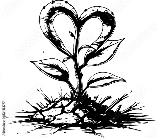 Heart-shaped plant sprouting from ground nature scene artistic outdoor environment close-up view of love