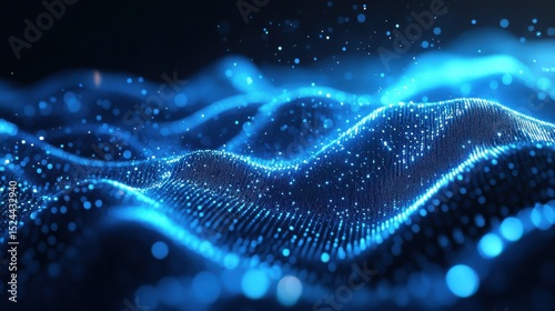 Abstract blue digital wave background with glowing particles.
