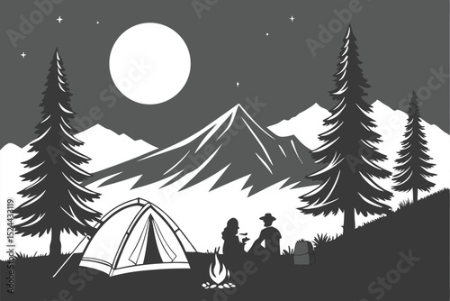 8 camping trip, outdoor scene, night sky, full moon, pine trees, mountains, tent, campfire, silhouettes of people, starry sky, black and white illustration