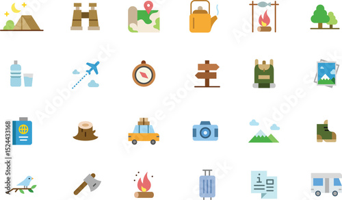 Collection of flat icons for camping and travel