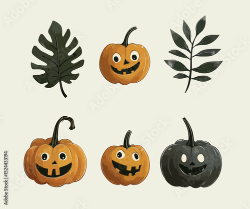 set of drawings of pumpkins and monstera leaf