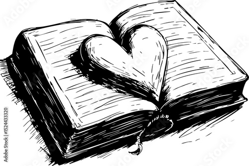 Creative of an open book with heart symbol artistic digital art whimsical environment close-up viewpoint