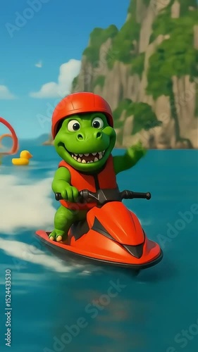 Cheerful Dinosaur on a Water Ride – High-Resolution Animated Clip