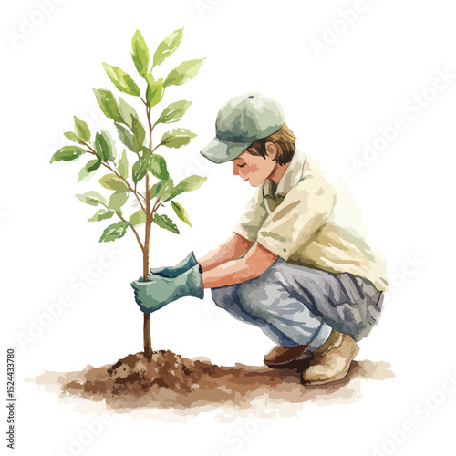 Youthful Gardener Planting Sapling Watercolor Style