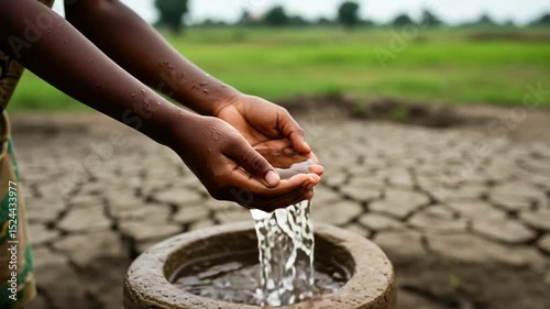 Water scarcity in arid regions, child's hands with water over parched earth illustrating conservation