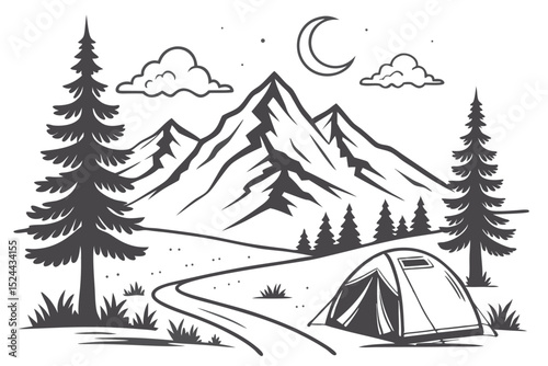  mountainous landscape, pine trees, camping tent, clouds, moon, black and white, minimalist, vector illustration style