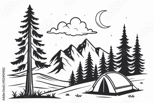  mountainous landscape, pine trees, camping tent, clouds, moon, black and white, minimalist, vector illustration style