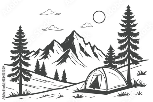  mountainous landscape, pine trees, camping tent, clouds, moon, black and white, minimalist, vector illustration style