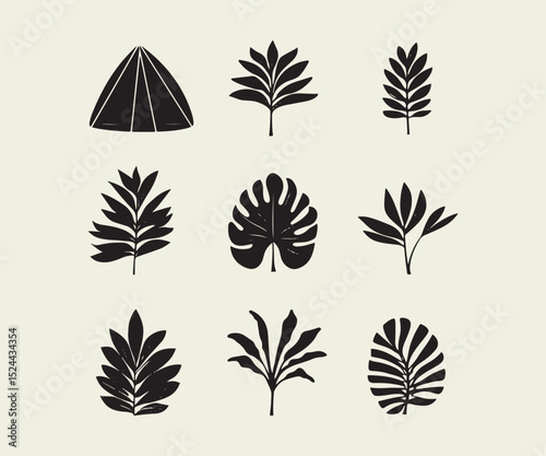 set of silhouette drawn cute plants and camping tent