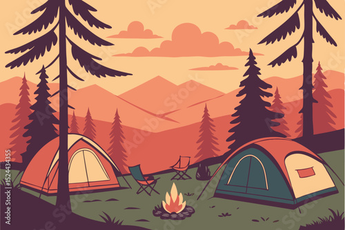  camping scene, sunset, colorful tents, pine trees, camping chairs, campfire, mountains in background, peaceful outdoor landscape