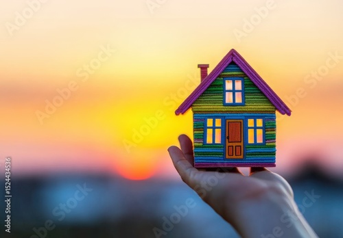 A hand holding a colorful house in front of a sunset