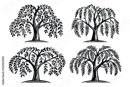 Four stylized black and white vector illustrations of elegant weeping willow trees