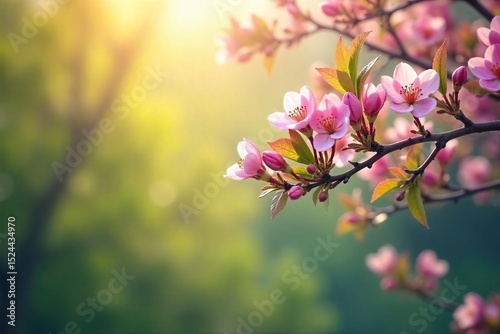 A gentle breeze carries the scent of blooming flowers, new leaves unfurl on branches, sunlight warms the earth, signifying the renewal of spring , botanical, petals