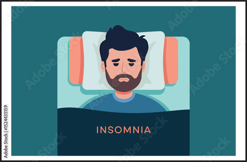 Insomnia Sleepless Man in Bed - Sleep Disorder Vector Illustration