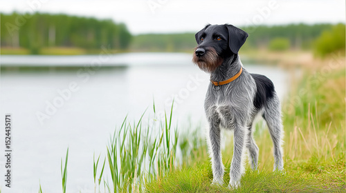 Wirehaired hunting dog standing on grassy riverbank looking alert with blurred forest background.