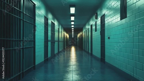 Creepy prison hallway with cells and bars, dark and moody jail interior setting