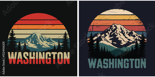 Vintage Washington State Mountain Sunset T-Shirt Design with Pine Trees and Retro Stripes	