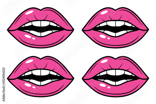 Pop art illustration of four pink cartoon lips with white teeth on a white background