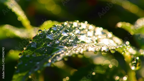 Dew Drops Glistening on Green Leaf in Morning Sunlight, Macro Close-Up photo