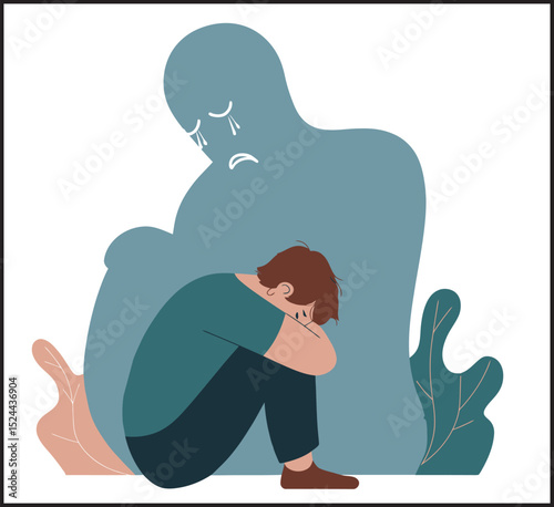 Depression and Anxiety Mental Health - Sad Person with Shadow Vector Illustration