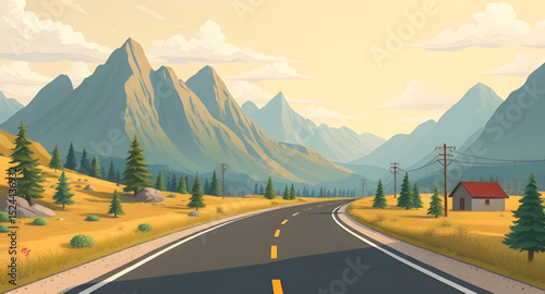 mountain road view, hilltop road illustration, forest path in mountains, mountain road clipart, road in valley cartoon, scenic mountain route, road between peaks, mountain village road, road on hillsi