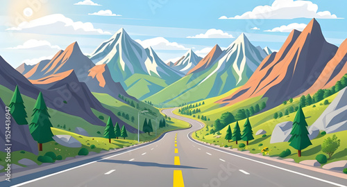 mountain pass illustration, winding hill road, countryside mountain road, cartoon landscape road, road with mountains background, highland road cartoon, mountain road view, hilltop road illustration, 
