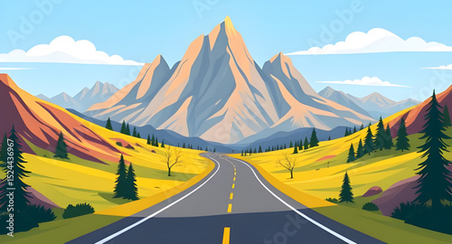 road and peaks cartoon, mountain road scenery, elevated road in hills, mountain pass illustration, winding hill road, countryside mountain road, cartoon landscape road, road with mountains background,