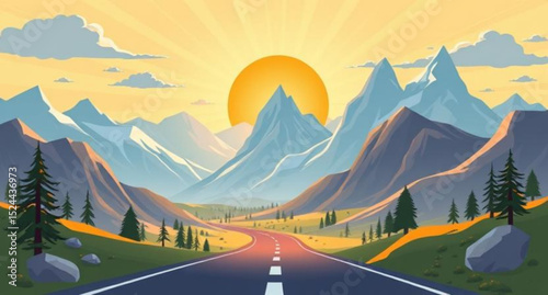 road through hills, rural mountain road, cartoon nature road, mountain highway vector, road trip in mountains, curved mountain path, scenic route illustration, road and peaks cartoon, mountain road sc
