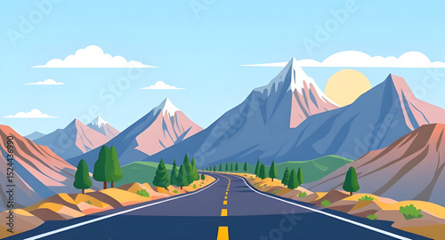 curvy road in mountains, hill road vector, mountain landscape with road, cartoon valley road, forest mountain road, mountain trail illustration, road through hills, rural mountain road, cartoon nature