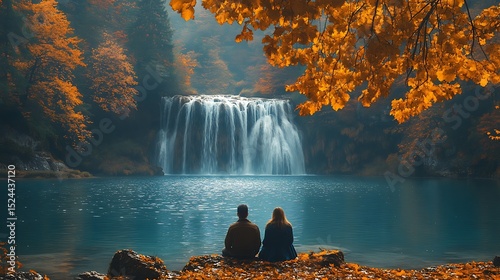 Couple contemplating autumn waterfall
