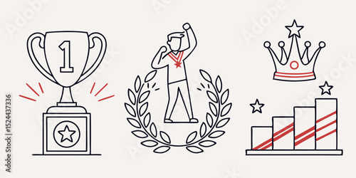 Victory and Achievement Line Icon Set – Thin Linear Vector Pictograms of Trophy, Medal, Crown, Laurel Wreath, and Winner Podium

