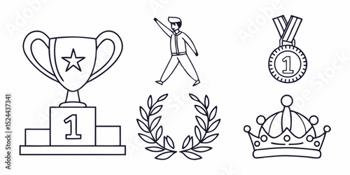 Victory and Achievement Line Icon Set – Thin Linear Vector Pictograms of Trophy, Medal, Crown, Laurel Wreath, and Winner Podium

