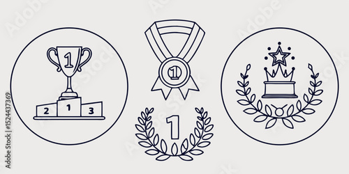 Victory and Achievement Line Icon Set – Thin Linear Vector Pictograms of Trophy, Medal, Crown, Laurel Wreath, and Winner Podium

