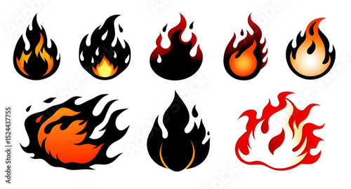 Set of fire flames, Fire flame vector set, Flame icon collection, Burning flames set, Fire icon pack, Realistic fire flames, Cartoon fire flames, Abstract fire set, Blazing flames vector, Fire symbols