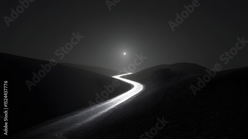 Illuminated Winding Road in a Dark Hilly Landscape