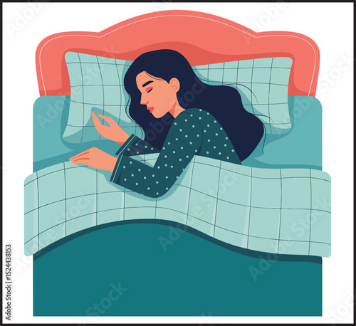 Peaceful Sleep Woman in Bed at Night - Rest and Bedroom Vector Illustration