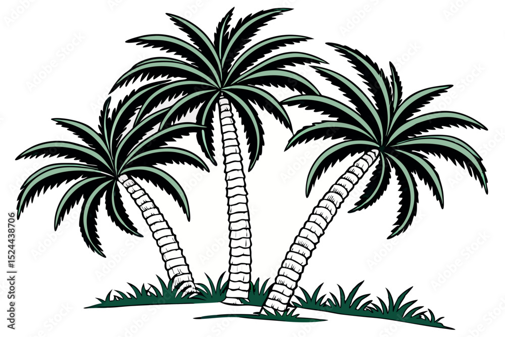 Fototapeta premium Simple stylized illustration of three palm trees with green fronds on white background