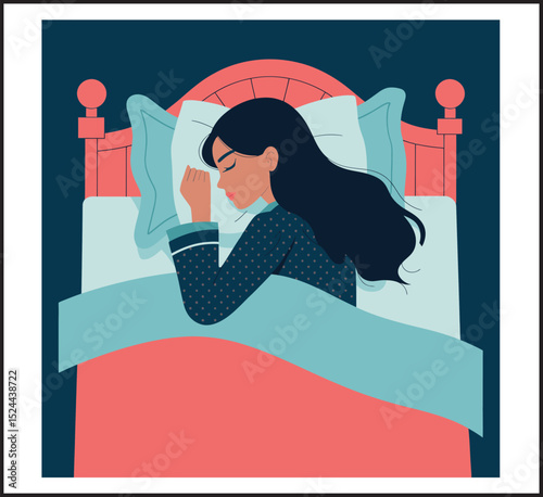 Peaceful Sleep Woman in Bed at Night - Rest and Bedroom Vector Illustration