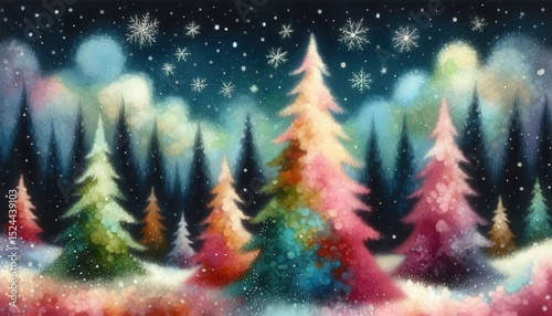 Watercolor illustration of an abstract Christmas tree under a starry night sky.