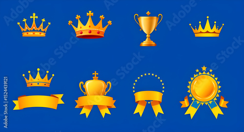 gold crown trophy vector, royal cup trophy set, winning crown and trophy, champion cup and crown, golden victory trophy set, premium award crown cup, success crown trophy icon, elite winner trophy set