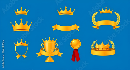 gold crown trophy vector, royal cup trophy set, winning crown and trophy, champion cup and crown, golden victory trophy set, premium award crown cup, success crown trophy icon, elite winner trophy set