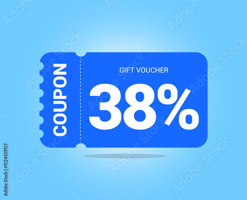 38% coupon promotion sale. Thirty eight percent Vector Gift Voucher. Blue discount, lucky ticket, special offer promo. Web, shopping label, percent sign. Special price offers.