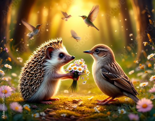 Hedgehog presenting flowers to bird in a vibrant forest setting  