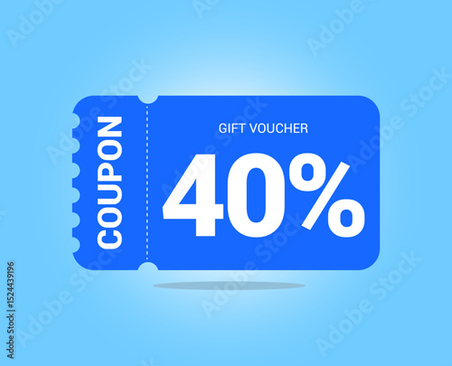 40% coupon promotion sale. Forty percent Vector Gift Voucher. Blue discount, lucky ticket, special offer promo. Web, shopping label, percent sign. Special price offers.