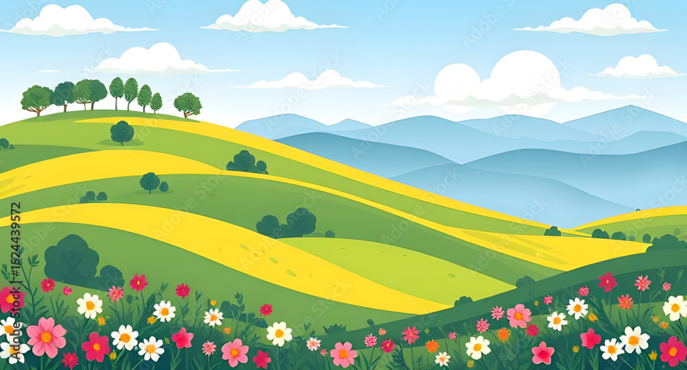 Fototapeta premium green field and blue sky with clouds